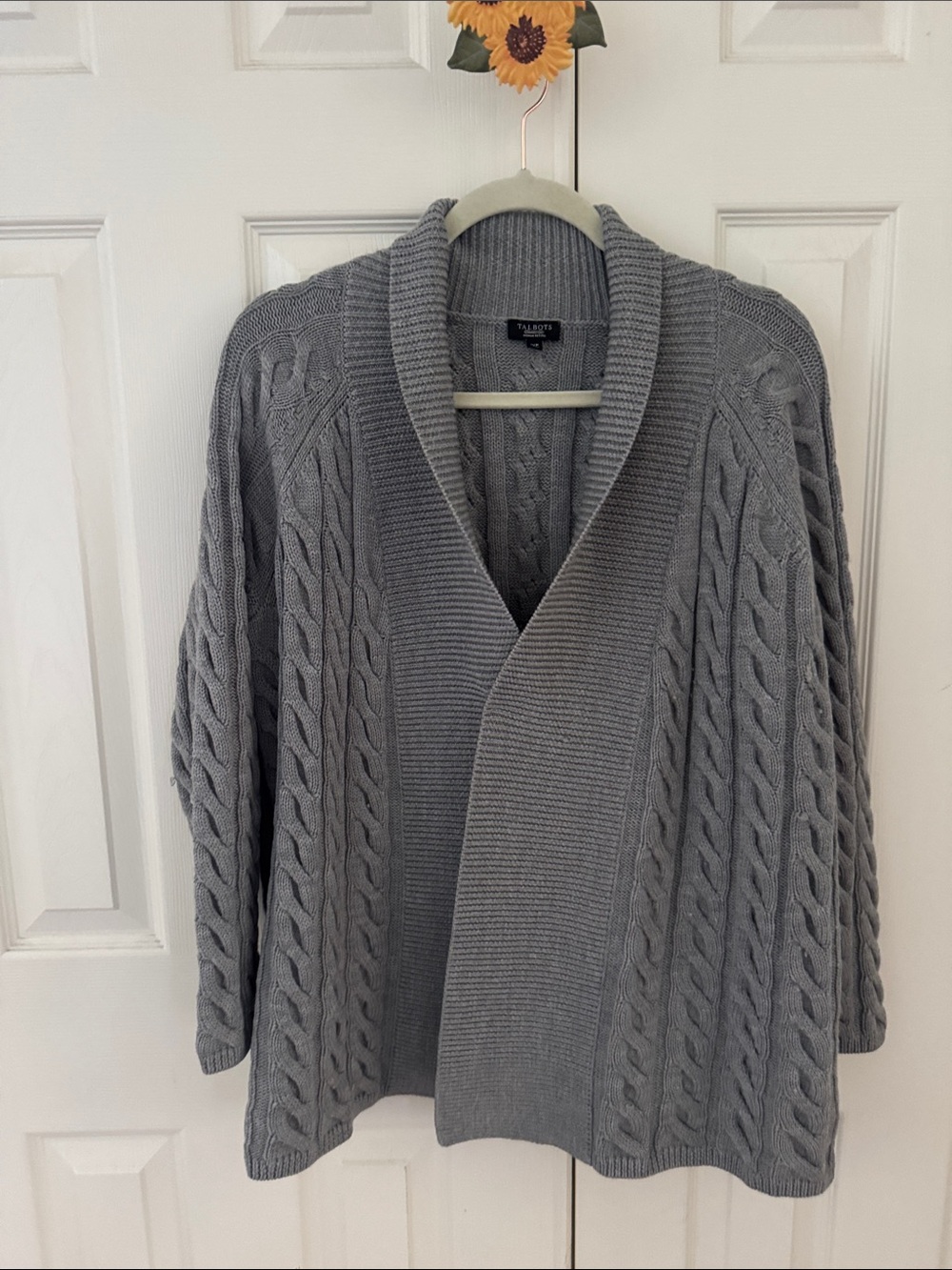 Talbots Gray Cable-Knit Shawl Collar Cardigan